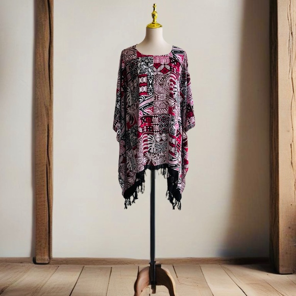 White & Blue Gifts Tops - 0070/ Red Black Colorful Poncho With Fringe , Loose Top